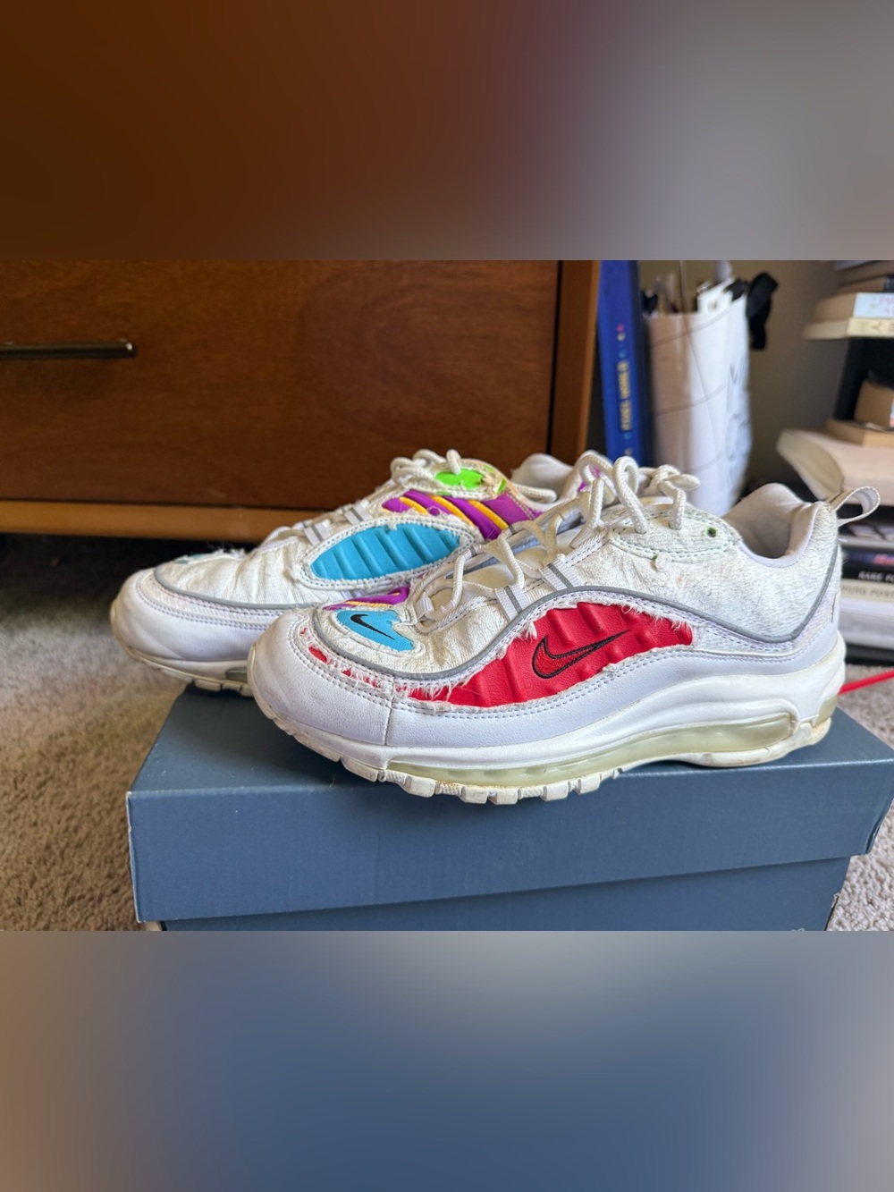 Nike women size 8.5  White Sneakers with Red, Blue, Turquoise & Neon Accents